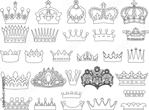 group of twenty eight crowns isolated on white