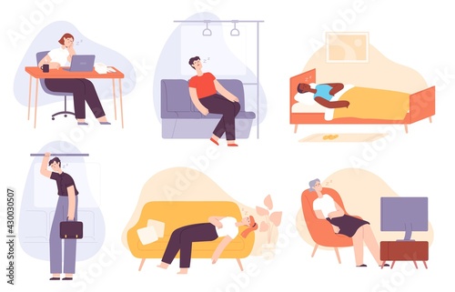 Sleepy people. Tired, lazy and sleeping man and woman at home, in bed, in transport, office worker. Bored and burnout adults flat vector set