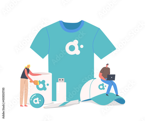 Tiny Male and Female Characters with Huge Promotional Products for Brand Identity. Man and Woman with T-Shirt, Cap, Usb