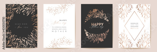 Mothers day golden luxury greeting set. Vector floral foliage design for Mother party, woman spring card