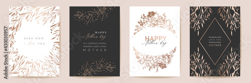 Mothers day golden luxury vector greeting set. Floral foliage design for Mother party, woman spring card