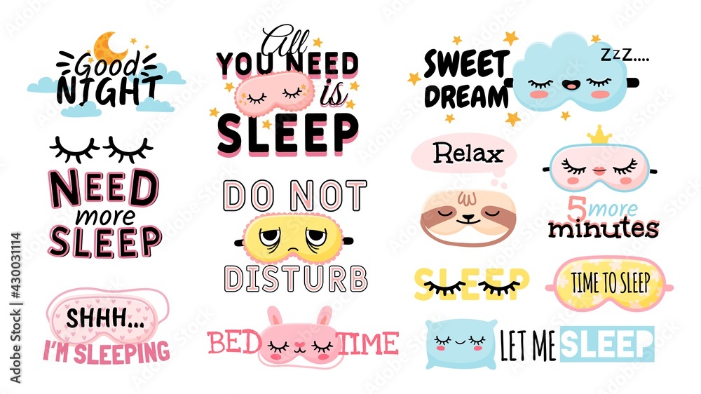 Sweet dream. Sleeping slogan and good night elements cute eye mask, pillow, moon and clouds. Posters for bedroom or pajama prints vector set