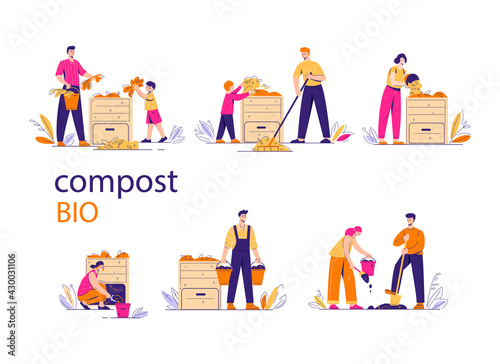 Compost bin with bio-recycling of waste. A pile of waste for organic fertilizers. Gardeners people next to the box. Set of vector illustrations in flat style.