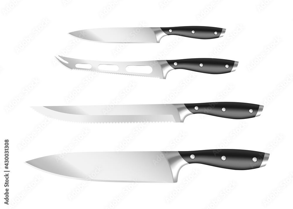 Kitchen knife, realistic 3D set. Meat cutting hatchet, cleaver, butcher, peeling knife of steel