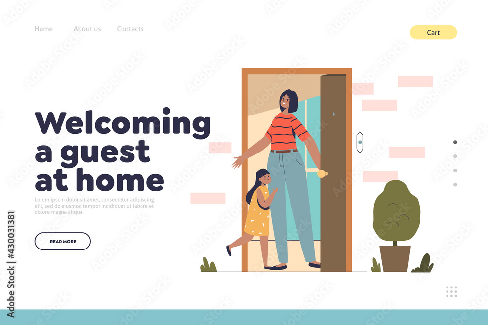 Welcoming guest at home concept of landing page with mom welcome daughter at door after school