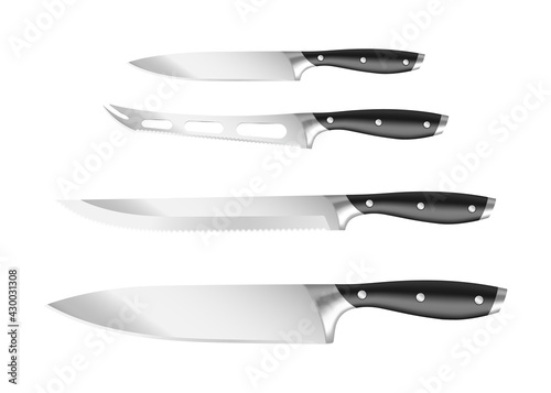 Kitchen knife, realistic 3D set. Meat cutting hatchet, cleaver, butcher, peeling knife of steel