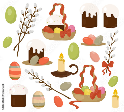 Vector. Flat style illustration. Easter set of items: Easter cakes, pussy willow twigs, Easter eggs, basket with eggs, basket with eggs and Easter cake, candlestick and candles.