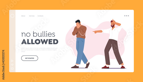 Bullying, Abuse Landing Page Template. Hater Laughing on Man Showing Loser Gesture. Male Character Crying Covering Face