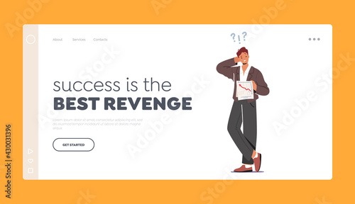 Success is the Best Revenge Landing Page Template. Confused Man Scratching Occiput Trying to Figure Out with Document