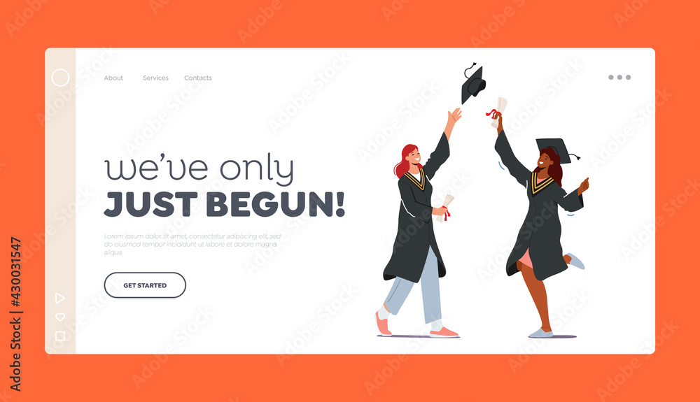 Women Graduating University Landing Page Template. Cheerful Young Female Characters Wear Mantles and Academical Caps