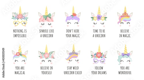Unicorn quotes. Magic fairy horse with horn faces and motivational phrase. Girl print with slogan follow your dreams and believe vector set