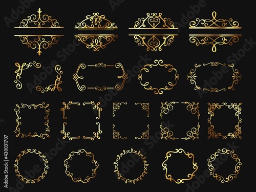 Retro golden frames. Vintage gold borders and corners, classic ornament element. Photo frame, cover, wedding or certificate decor vector set