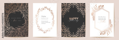 Mothers day golden luxury greeting set. Vector floral foliage design for Mother party, woman spring card