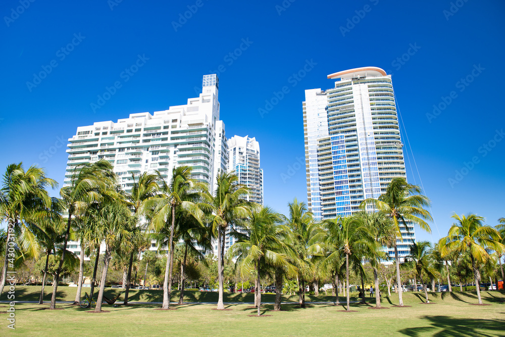 Miami Beach skyscrapers with blue sky from South Pointe Park, Florida