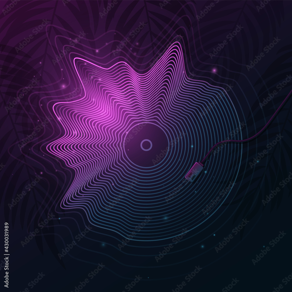 Retro musical plate made of glowing wavy shapes. Tropical background with palm tree. Night disco. Exotic creative graphic for your musical event. Summer beach party. Vector illustration. Retro musical plate made of glowing wavy shapes. Tropical background with palm tree. Night disco. Exotic creative graphic for your musical event. Summer beach party. Vector illustration.