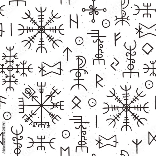 Futhark runes seamless pattern. Norse viking occult symbol design. Iceland esoteric and magic old runic signs. Ancient nordic vector texture