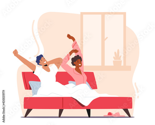 People Everyday Routine, Couple Lifestyle. Young Man and Woman Wake Up at Morning, Awaken Happy Characters on Bed