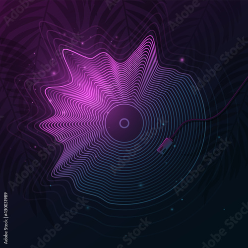 Retro musical plate made of glowing wavy shapes. Tropical background with palm tree. Night disco. Exotic creative graphic for your musical event. Summer beach party. Vector illustration.