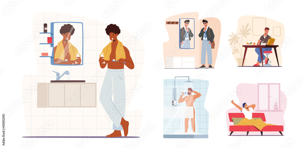 Set Man Daily Routine Concept. Young Male Character Morning Hygiene Procedures Brushing Teeth, Taking Shower in Bathroom Set Man Daily Routine Concept. Young Male Character Morning Hygiene Procedures Brushing Teeth, Taking Shower in Bathroom