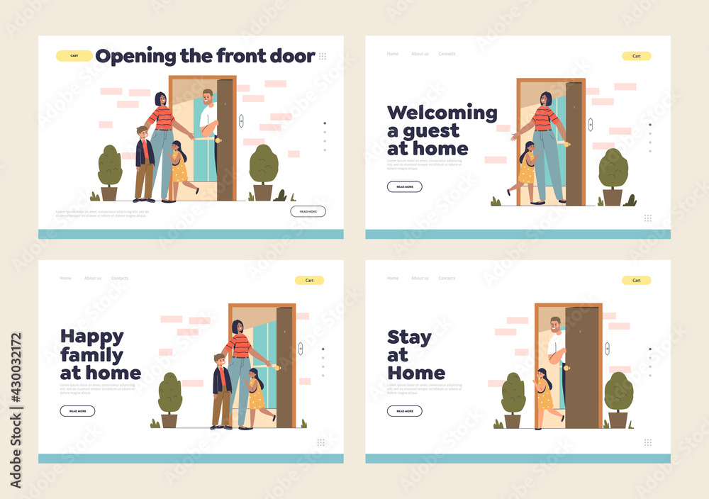 Open door to welcome and goodbye concept of landing pages set with parents and kids at door at home