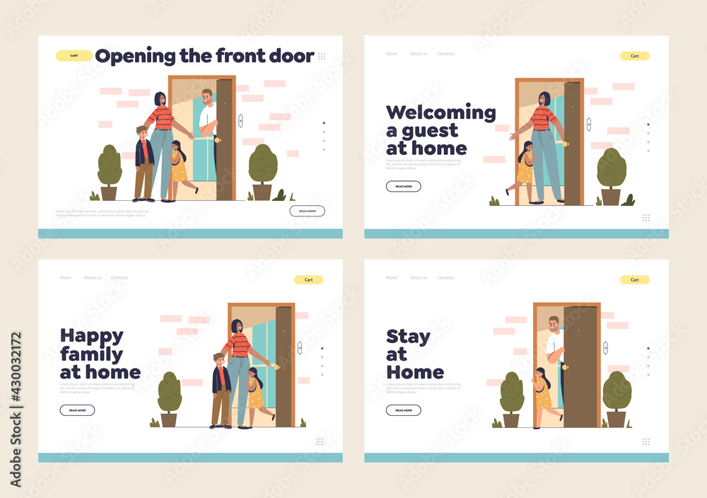 Open door to welcome and goodbye concept of landing pages set with parents and kids at door at home Open door to welcome and goodbye concept of landing pages set with parents and kids at door at home