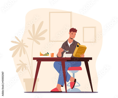 Man in Pajama and Slippers Have Breakfast at Home Sitting at Table Drinking Juice and Eating Dry Snack. Daily Routine