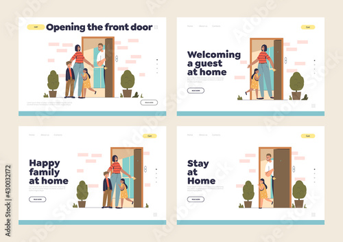 Open door to welcome and goodbye concept of landing pages set with parents and kids at door at home