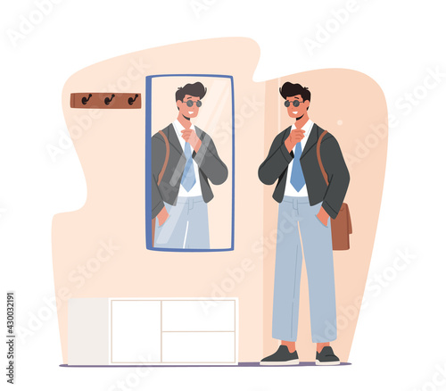 Man Going to Work. Handsome Male Character Wearing Formal Wear, Sunglasses and Bag Stand front of Mirror in Corridor