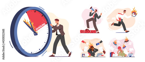 Set Business Character Deadline at Work. Clerks with Burning Clock in Messy Office. Lack of Time, Work Productivity