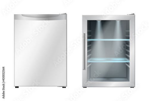 Mini refrigerator with open and closed door. Modern freezer or small fridge for hotel room