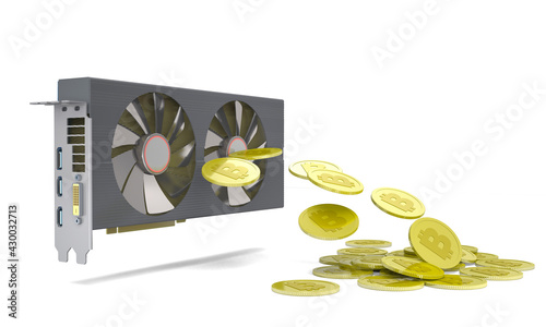 Modern graphics card and gold bitcoins (3d illustration).