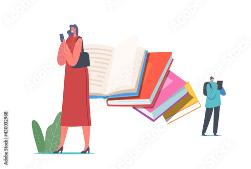 Paper Book vs E-book Concept. Characters Reading Using Innovative Technologies Ebooks and Smartphones, Digitization