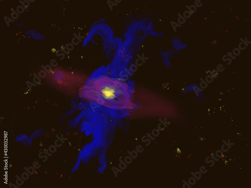 An expressionistic digital painting of an imaginary scene in outer space.
