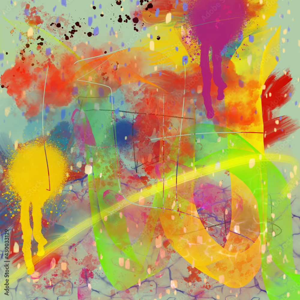 Multicolored digital abstract painting with a variety of paint strokes, sprays, and splatters.

