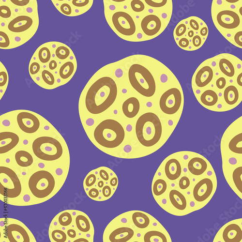 Seamless colorful vector pattern of hand drawn circle abstract doodles of yellow cookies