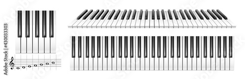 Realistic piano keys. Musical instrument keyboard top above view. Black and white piano keys