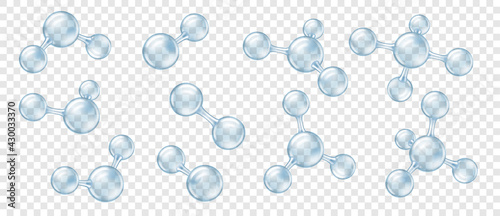 Molecular spheres on transparent background. Bubbles of chemical molecule and atom
