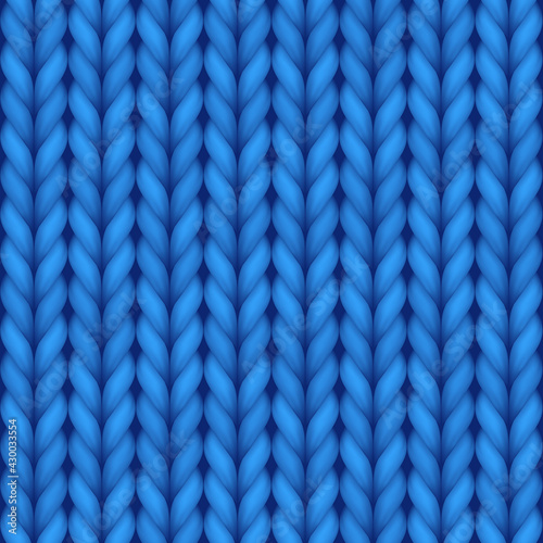 Blue knitting seamless background for wallpaper design. Textured pattern of wooden threat ornament