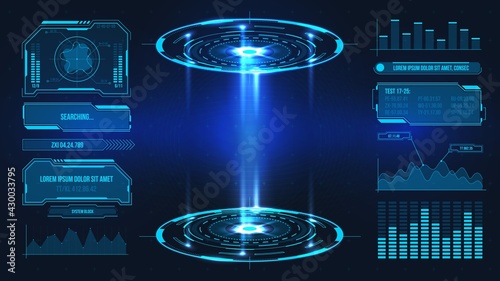 Futuristic platform. Hologram podium and digital data graphs and frames for product stand or game UI. Future technology sci fi vector stage