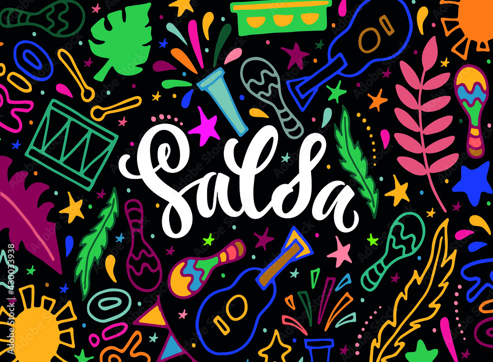 Salsa colorful doodle background. Modern brush calligraphy, hand lettering for Brazilian carnival as banner, card, invitation template. Vector colorful illustration. Hand drawn  poster design