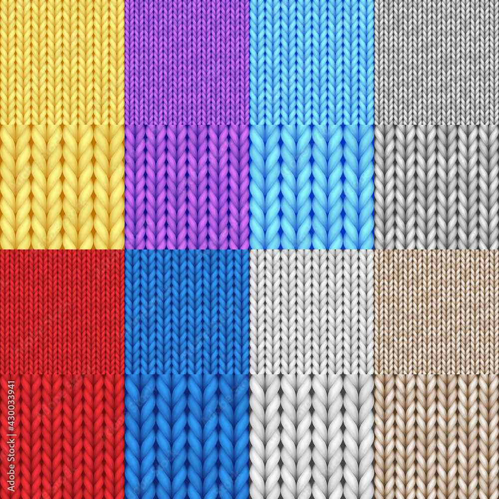Set of detailed woolen knitted seamless patterns. Textured knit background collection Set of detailed woolen knitted seamless patterns. Textured knit background collection