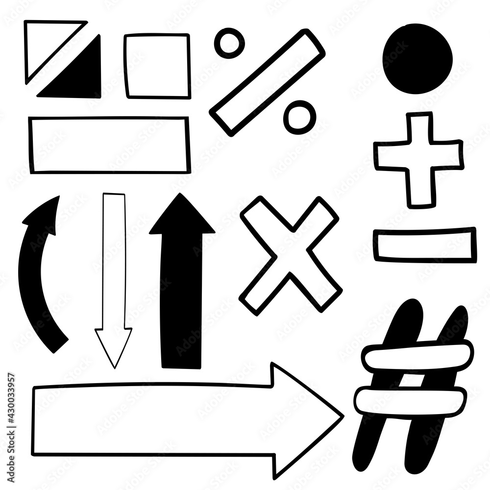 Mathematical symbols and signs in doodle style. A plus. Minus. Arrow to down. Up arrow. Curved