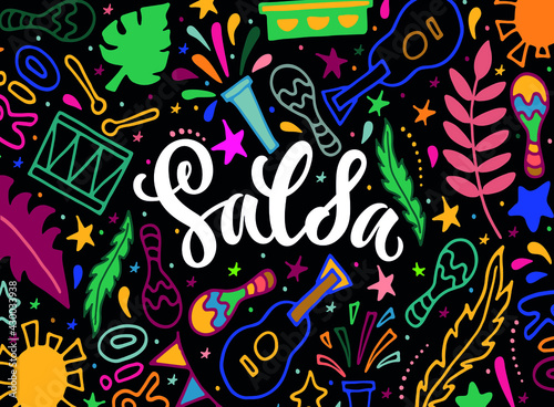 Salsa colorful doodle background. Modern brush calligraphy, hand lettering for Brazilian carnival as banner, card, invitation template. Vector colorful illustration. Hand drawn poster design