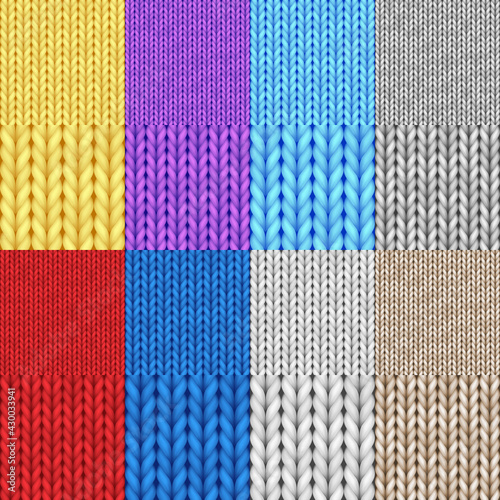 Set of detailed woolen knitted seamless patterns. Textured knit background collection