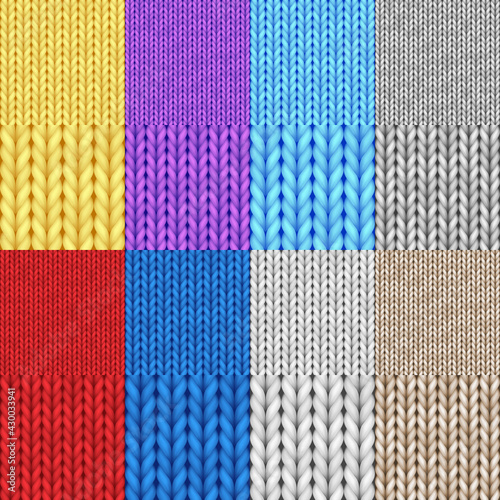 Set of detailed woolen knitted seamless patterns. Textured knit background collection