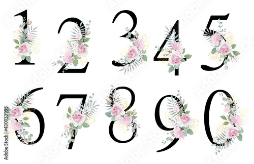 Floral Number. Set digits with botanical bouquet. Wedding invitations, greeting card, birthday, logo, poster other ideas. Vector illustration.
