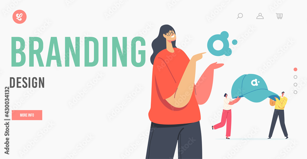 Branding Design Landing Page Template. Saleswoman Presenting Company Logotype, Promotional Products for Brand Identity Branding Design Landing Page Template. Saleswoman Presenting Company Logotype, Promotional Products for Brand Identity