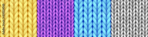 Seamless knitted patterns set. Woolen cloth texture with knitting ornament for background