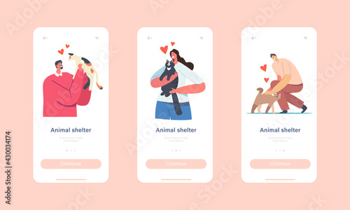 Animal Shelter, Pound, Rehabilitation or Adoption Center for Stray Pets Mobile App Page Onboard Screen Template