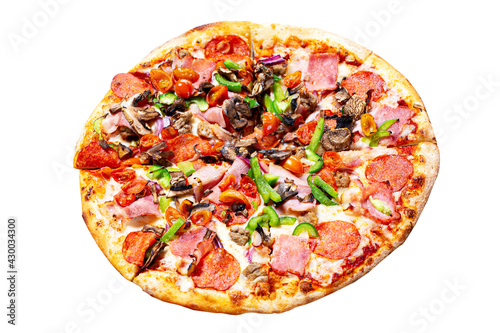 Italian pizza with bacon, cheese, cherry tomatoes, mushrooms, onion, garlic and paprika isolated on white background